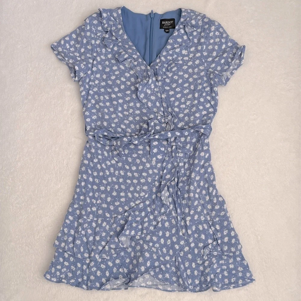 Bardot Junior | Ditsy Floral Print Ruffle Faux Wrap Mini Dress Blue/White (10) - Picture 2 of 16